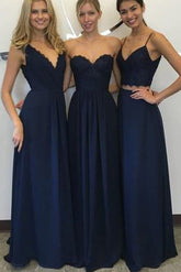 New Arrival Decent Lace Chiffon Navy Blue A Line Bridesmaid Dresses