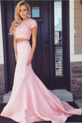 Satin Mermaid Two Piece Sweep Train Backless Prom Dress with Beading