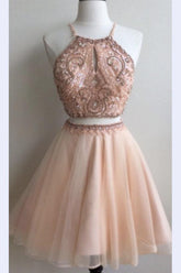 Cheap Two Piece Straps Homecoming Dresses, Short Prom Dress With Key Hole, MH170