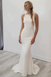 Satin Mermaid Open Back Beach Wedding Dresses Simple Bridal Gowns WD654