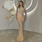 2025 Saudi Arabic Luxury Pearls Beaded Nude Mermaid Evening Gown for Formal Occasion LA72345A