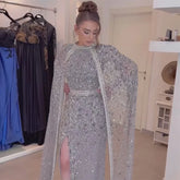 2025 Luxury Dubai Gray Arabic Mermaid Beaded Evening Gowns with Detachable Long Cape for Women's Party LA72180