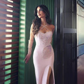 2025 Pink Satin Mermaid Spaghetti Strap Beaded Evening Dress Women's Party Gown with High Split and Gloves LA72001