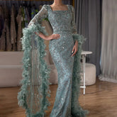 Flared Sleeves Mermaid Turquoise Beaded Feather Luxury Evening Dresses Gowns for Formal Occasion 2025 LA72767