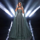 2025 Saudi Arabic Turquoise Evening Gown with Beaded Dress and Elegant Hooded Cape for Formal Occasion LA72659A