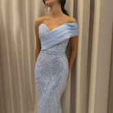 2025 Arab Blue One Shoulder Mermaid Evening Dress Luxury Gown with Beaded for Women's Party LA72370