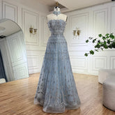 2025 Arabic A-Line Elegant Strapless Blue Saudi Evening Gown Luxury Beaded Dress for Formal Occasion LA72717