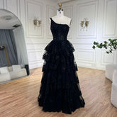 2025 Arabic Black Elegant One-Shoulder Tiered A-Line Lace Luxury Prom Dress for Women's Party LA72632
