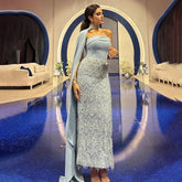 2025 Arabic Blue Ankle-Length Mermaid Long Cloak Beaded Luxury Evening Dresses Gowns for Women Wedding Party LA72435