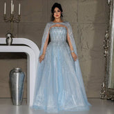 2025 Arabic Blue Cape Sleeves A-Line Beaded Evening Dresses Long Celebrity Gowns for Women Wedding Party LA72427