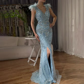 2025 Arabic Blue Elegant Split Mermaid Beaded Feathers Long Evening Dresses Gowns for Formal Occasion LA72742