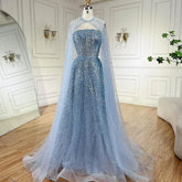 2025 Arabic Blue Luxury Dubai Evening Gown A-Line Elegant Cape Sleeves Beaded Dress for Women's Party LA72659 Plush Size