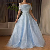 2025 Arabic Blue Off The Shoulder Beaded Elegant A-Line Long Evening Dresses Gowns for Formal Occasion LA72009A