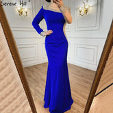 2025 Arabic Blue Satin Mermaid White Evening Gowns Elegant Beaded for Women Wedding Party LA71152