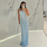 2025 Arabic Blue Spaghetti Strap Mermaid Gown Luxury Beaded Saudi Evening Dress for Formal Occasion LA72725