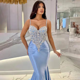 2025 Arabic Blue Spaghetti Strap Satin Mermaid Gown Luxury Beaded Saudi Evening Dress for Formal Occasion LA72729