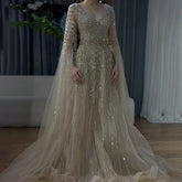 2025 Arabic Caramel Elegant A-Line Beaded Long Evening Dresses Gowns with Cape Sleeves for Formal Occasion LA72750