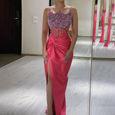 2025 Arabic Fuchsia Strapless Side Split Beaded Mermaid Luxury Dubai Evening Gown for Women's Party LA72671