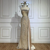 2025 Arabic Nude Strapless Satin Mermaid Beaded Luxury Dubai Evening Gown with Side Skirt for Women's Party LA72665