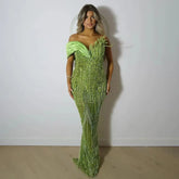 2025 Arabic Green Mermaid Elegant One Shoulder Beaded Long Evening Dresses Gowns for Formal Occasion LA72650