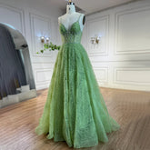 2025 Arabic Sage Green Elegant Spaghetti Strap Backless A-Line Prom Dress for Women | Wedding Party LA72636