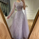 2025 Arabic Lilac Elegant A-Line Beaded Long Evening Dresses Gowns with Cape Sleeves for Formal Occasion LA72744