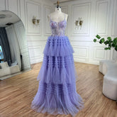 2025 Arabic Lilac Spaghetti Strap Tiered A-Line Lace Appliques Luxury Evening Gown for Women's Party LA72618
