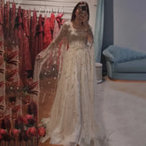2025 Arabic Nude A Line Cape Sleeve Crystal Beaded Luxury Saudi Evening Dresses Gowns For Formal Occasion LA72764