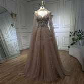 2025 Arabic Nude A Line Elegant Cape Sleeves Beaded Luxury Evening Dresses Gowns for Women Wedding Party LA72384