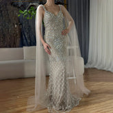 2025 Arabic Nude Mermaid Cape Sleeve Beaded Luxury Saudi Evening Gown for Formal Occasion LA72748