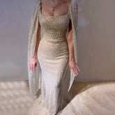 2025 Arabic Nude Mermaid Elegant Cape Sleeves Beaded Luxury Evening Dresses Gowns for Women Wedding Party LA72320