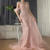 2025 Arabic Pink Mermaid Elegant One Shoulder Beaded Long Evening Dresses Gowns for Formal Occasion LA72662A