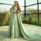 Luxury 3D Leaves Sage Green Dubai Evening Dress with Cape LA72724