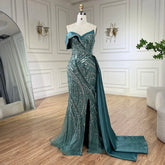 2025 Arabic Turquoise Beaded Evening Dresses Luxury Dubai Elegant One Shoulder Women Wedding Party Gowns LA72335