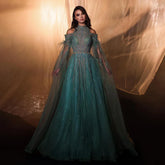 2025 Arabic Turquoise Cape Sleeves A-Line Beaded Feathers Long Evening Gowns for Women Wedding Party LA72644