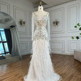 2025 Arabic White Mermaid Luxury Dubai Evening Gown with Feathers Beaded Dress for Women's Party LA72646