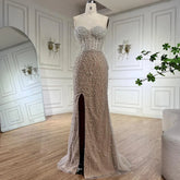 2025 Arabic White Nude Mermaid Gown Pearls Beading High Split Luxury Dubai Evening Dress for Women's Party LA72544