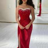 2025 Arabic Wine Red Strapless Beaded Mermaid Luxury Dubai Evening Gown with Side Split for Women's Party LA72673