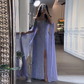 Lilac Mermaid Evening Dress with Cape Sleeves Luxury Wedding Party Gowns LA72407