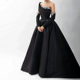 2025 Black One Shoulder Satin A Line Beaded Evening Gown with Sleevelets for Women's Party Saudi Dress LA72741