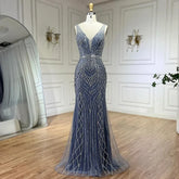 2025 Blue Mermaid Elegant Spaghetti Straps Beaded Luxury Evening Dresses Gowns for Woman Wedding Party LA72450