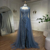 2025 Blue Mermaid Evening Gowns Luxury Beaded High Split Cape Sleeves Long Dresses for Women's Wedding Party LA72312