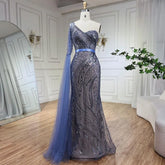 2025 Blue Mermaid One Shoulder Elegant Cape Sleeve Beaded Evening Dresses Gowns For Women Wedding Party LA72294