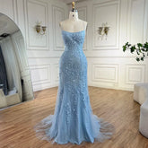 2025 Blue Mermaid Spaghetti Strap Beaded Luxury Evening Gown with Lace-Up Back for Women's Wedding Party LA72624