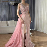 2025 Blue One Shoulder Split Saudi Evening Gown with Beaded Side Overskirt Dress for Formal Occasion LA72732