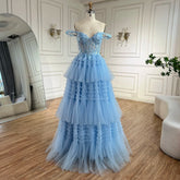 2025 Blue Spaghetti Strap Tiered A-Line Lace Appliques Lace-Up Luxury Prom Dress for Women's Party LA72621
