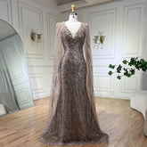2025 Caramel Mermaid Cape Sleeves Beaded Sequined Luxury Dubai Evening Dresses Gowns for Women Wedding Party LA72428