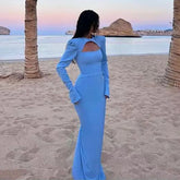 2025 Dubai Blue Satin Mermaid Black Luxury Arabic Lace up Evening Dresses Gowns for Women Wedding Party LA72416