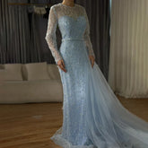 2025 Elegant Blue Saudi Arabic Evening Gown with Beaded Side Overskirt Dress for Formal Occasion LA72734