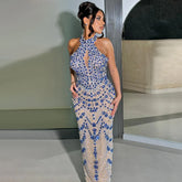 2025 Elegant Blue Saudi Arabic Halter Neck Evening Gown Crystal Beaded Dress for Formal Occasion LA72760